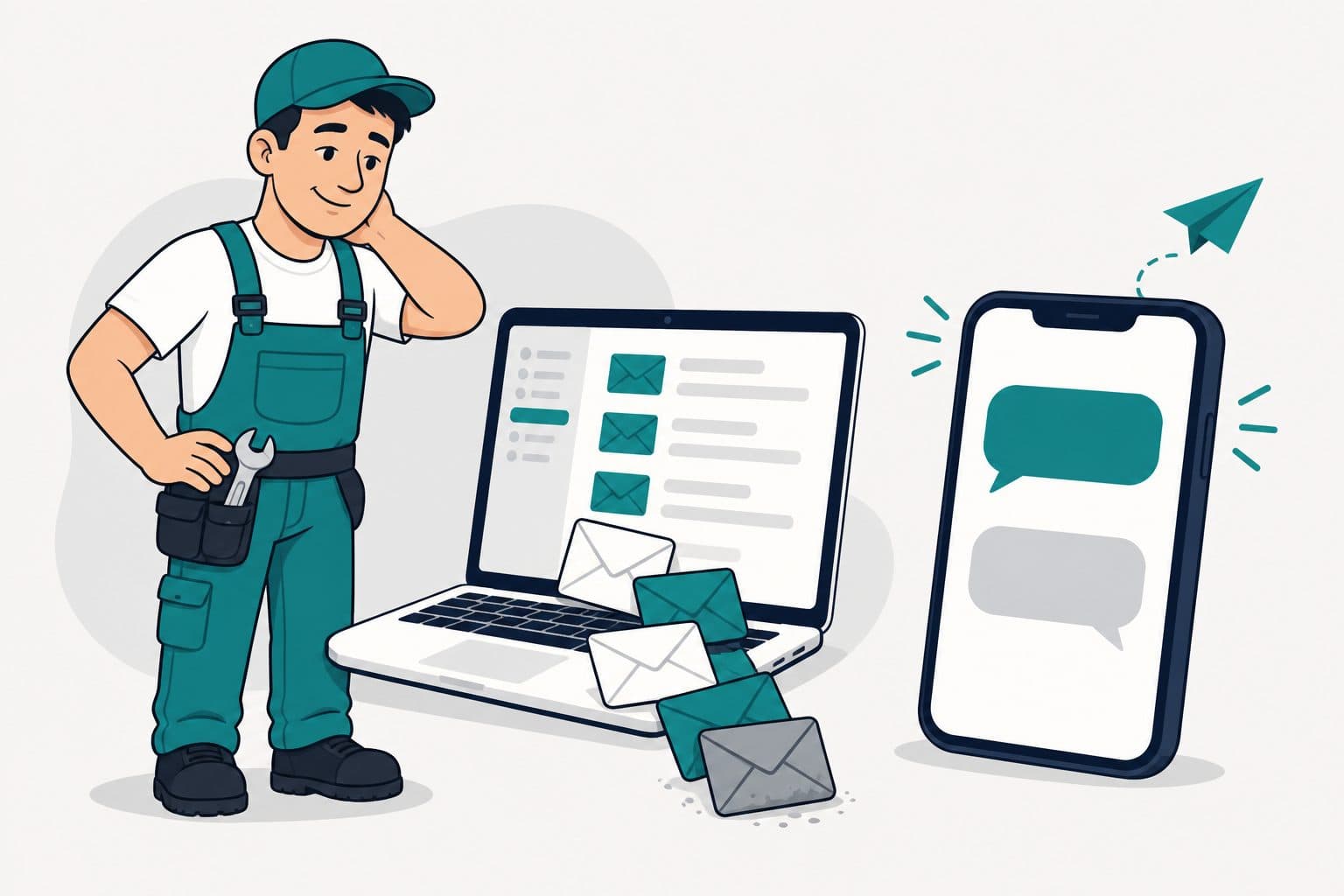 Zeichnung: Handwerker vor Laptop mit vollen Emails und Smartphone mit SMS Gespräch