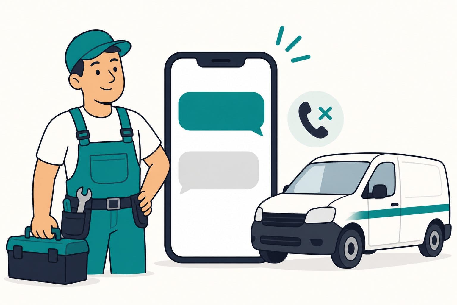 Zeichnung: Handwerker mit Werkzeugkoffer, Smartphone mit SMS und Servicefahrzeug